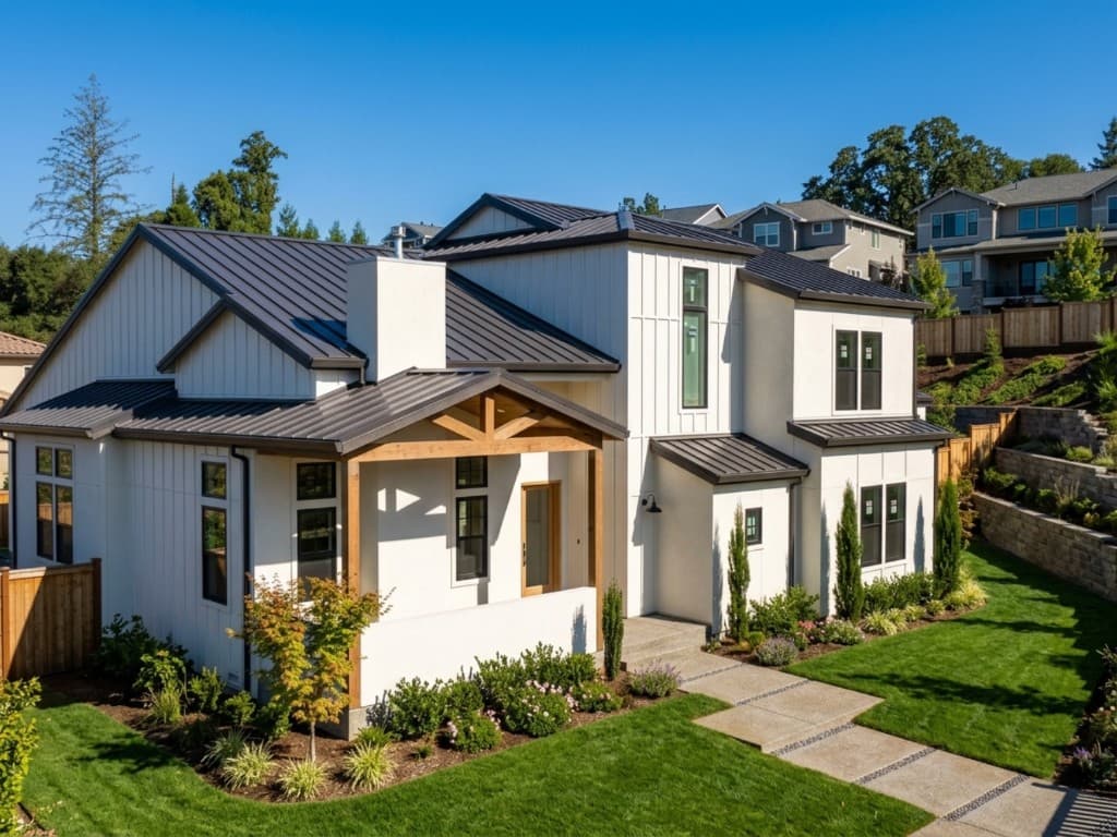 Modern white house with a dark metal roof